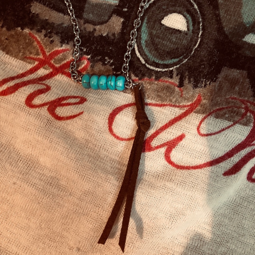 TURQUOISE BAR NECKLACE With LEATHER TASSEL ON SILVER CHAIN - Picture 3 of 3